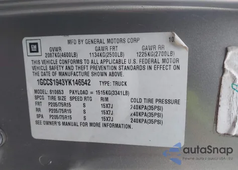 2000 Chevrolet S-10 Ls z USA, uszkodzony, nr VIN 1GCCS1943YK146542